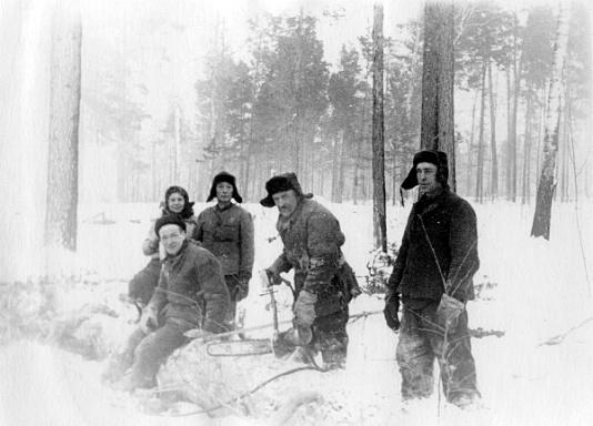 Brygada robocza z Piskunowki (Krasnojarski Kraj, ZSRR) podczas pracy w lesie, na zwalonym drzewie siedzi Wiktor Hajdul.