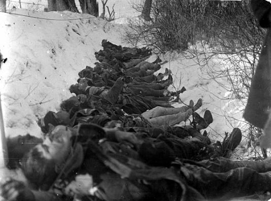 Ciała 29 żołnierzy 5 Pułk Piechoty Legionów na Łotwie, poległych w bitwie pod Mozulą (Łotwa).