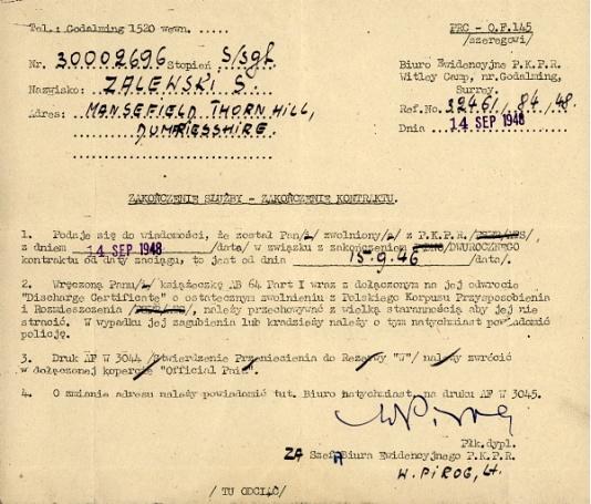 Dokument stwierdzający zakończenie służby wojskowej przez sierżanta Stanisława Zalewskiego w Polskich Siłach Zbrojnych na Zachodzie.