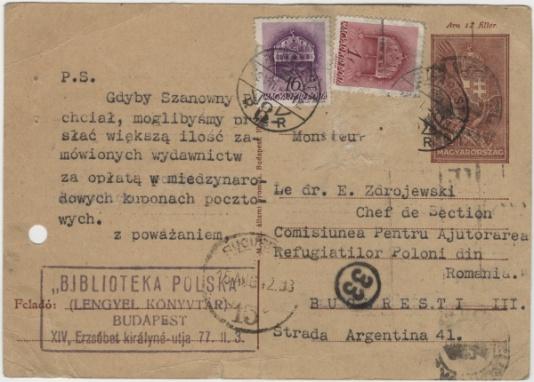 Kartka pocztowa wysłana przez dyrektora Polskiej Biblioteki w Budapeszcie do E. Zdrojewskiego.