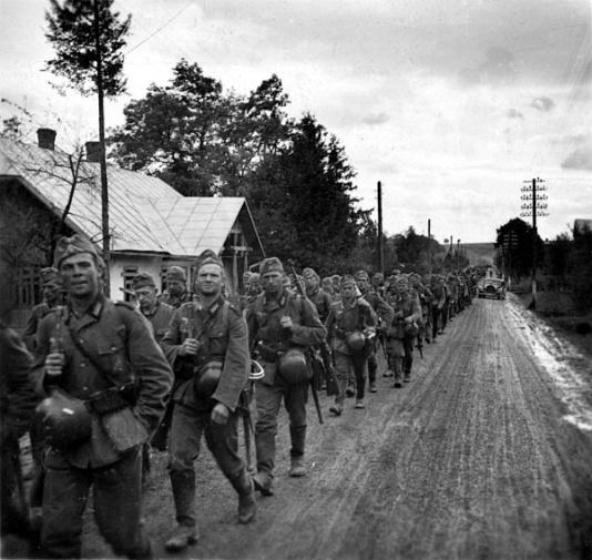 Kolumna żołnierzy niemieckich maszerująca szosą przez Sambor (woj. lwowskie). 