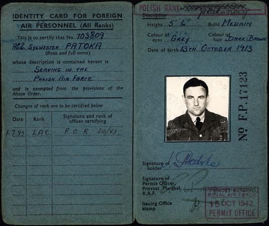 Dowód tożsamości (Identity Card for Foreign Air Personnel) Sylwestra Patoki, wydany podczas służby w Royal Air Force (RAF) w Wielkiej Brytanii.