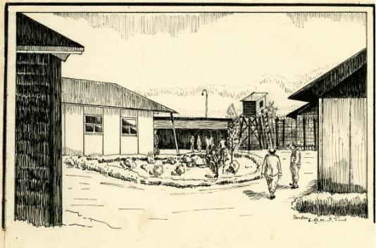 Szkic przedstawiający zabudowania obozu jenieckiego oficerów Wojska Polskiego w Dorsten wykonany przez więźnia. 