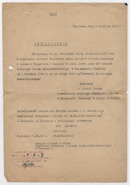 Polscy uchodźcy w Rumunii podczas II wojny światowej. Oświadczenie stwierdzające, że Jerzy Sobczyński otrzymał świadectwo małej matury.