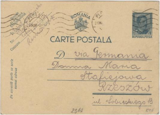 Kartka pocztowa wysłana przez Roberta Wodzińskiego z Rumunii do Marii Stafiejowej z Rzeszowa.