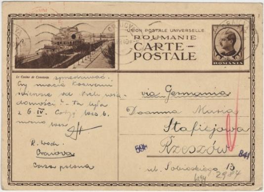 Kartka pocztowa wysłana przez Roberta Wodzińskiego z Rumunii do Marii Stafiejowej z Rzeszowa .
