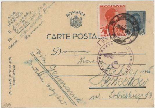 Kartka pocztowa wysłana przez Stanisława Wisłockiego z Rumunii do Marii Stafiejowej z Rzeszowa. 