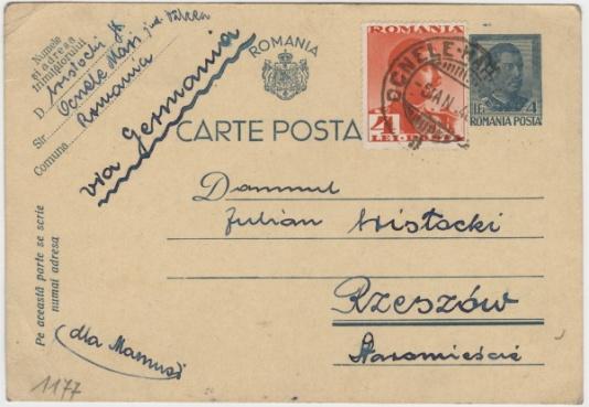 Kartka pocztowa wysłana przez Stanisława Wisłockiego  z Rumunii do Juliana Wisłockiego z Rzeszowa.