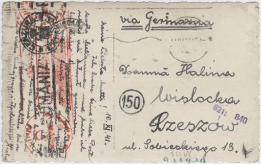 Polscy uchodźcy w Rumunii podczas II wojny światowej. Kartka pocztowa wysłana przez Stanisława Wisłockiego z Rumunii do Haliny Wisłockiej z Rzeszowa.