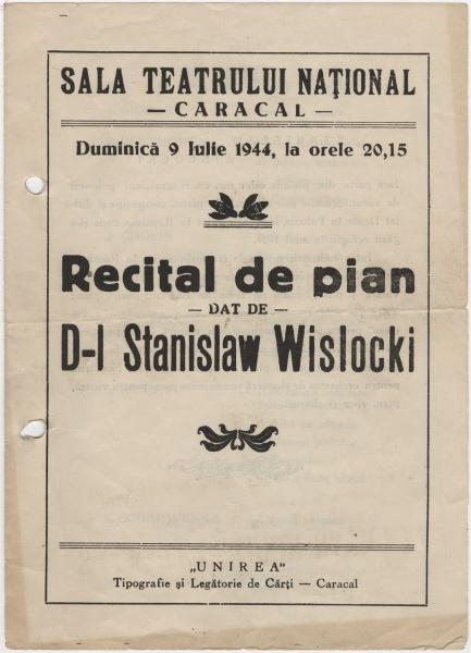 Polscy uchodźcy w Rumunii podczas II wojny światowej. Program recitalu fortepianowego Stanisława Wisłockiego w Caracal.
