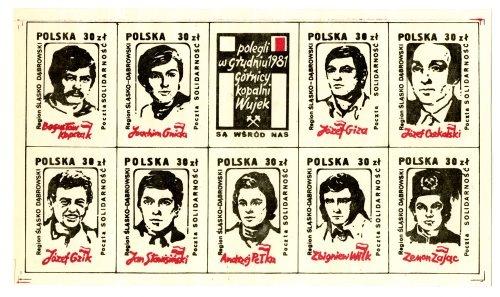 Znaczki podziemne w 5. rocznicę pacyfikacji kopalni Wujek w Katowicach 16 grudnia 1986