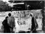 Strajk w Stoczni Gdańskiej im. Lenina, napis na murze: Strajk solidarnościowy nadal trwa.